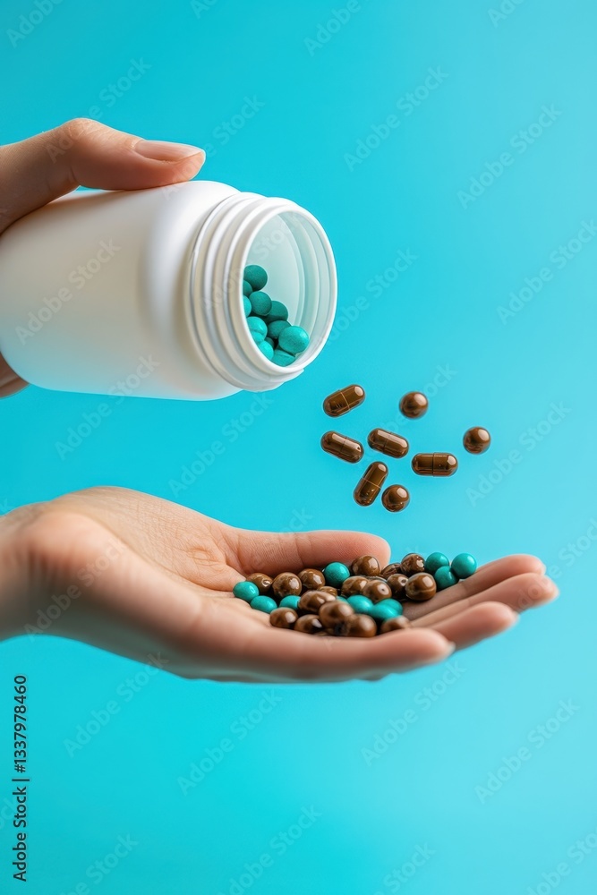 Obraz premium Hands holding blue and brown capsules against a blue background.