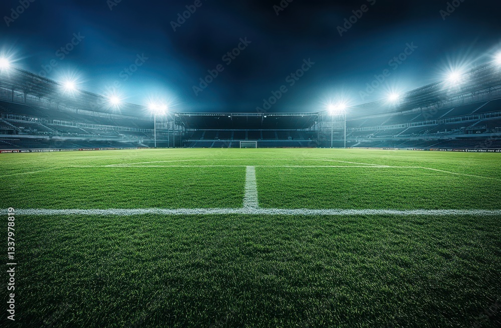 Obraz premium Empty, illuminated sports stadium at night ready for a thrilling game.