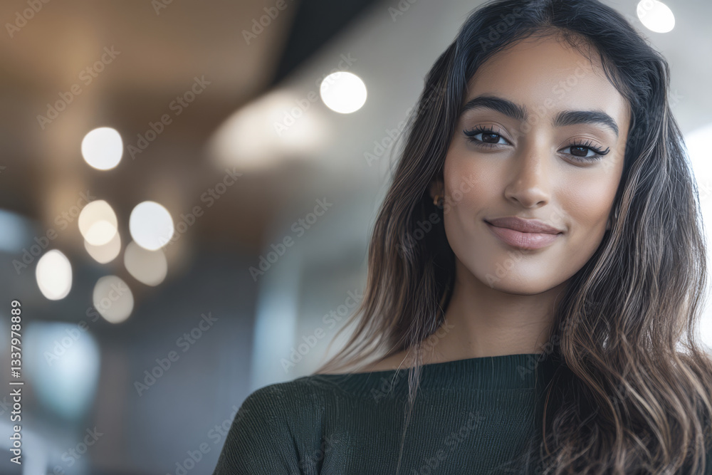 Portrait of a woman smiling in a modern indoor setting with soft lighting Portrait of a woman smiling in a modern indoor setting with soft lighting