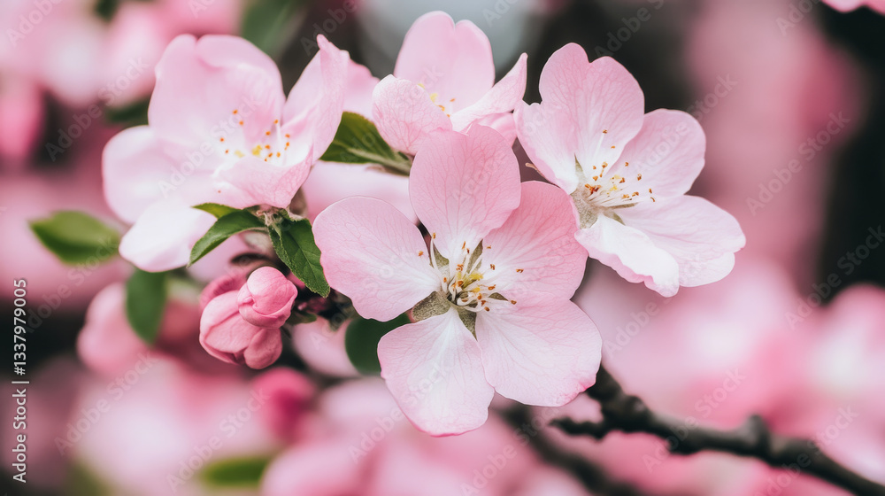 Delicate pink cherry blossoms bloom on branch, showcasing nature beauty