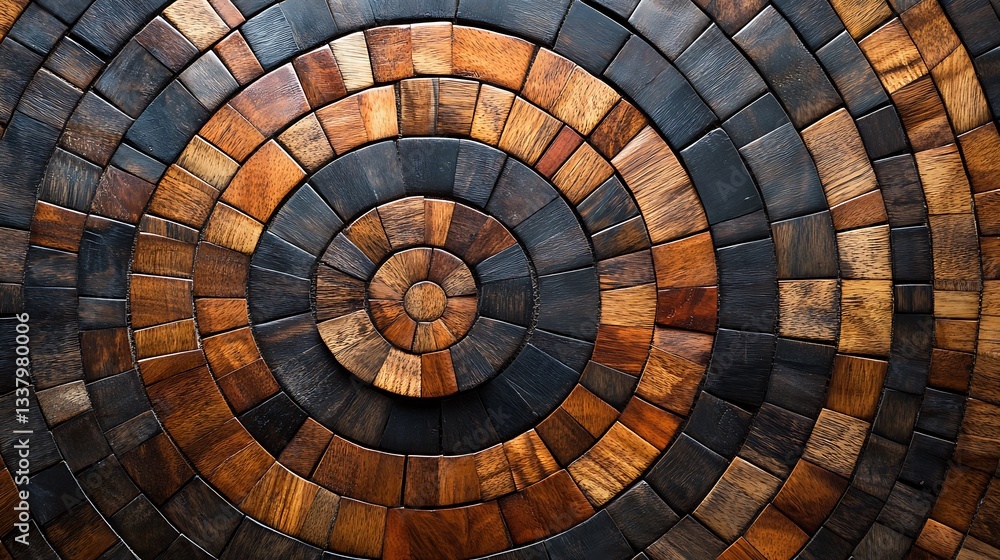 Fototapeta premium A sophisticated mosaic pattern of wooden tiles arranged in concentric circles, with polished finishes and a mix of dark and light stains, creating an elegant and textured wall decor piece. --ar 16:9