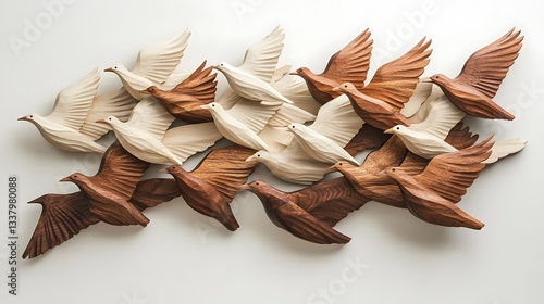 Fototapeta Naklejka Na Ścianę i Meble -  A striking 3D wooden carving of a flock of birds in mid-flight, with intricate wing details and varying wood tones for depth, mounted on a light gray wall, creating a sense of motion and freedom.