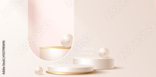 Three minimalistic cylindrical podiums or pedestals with gold rims, arch window and decorative spheres on pastel beige background. Elegant luxury geometric abstract composition, product display mockup