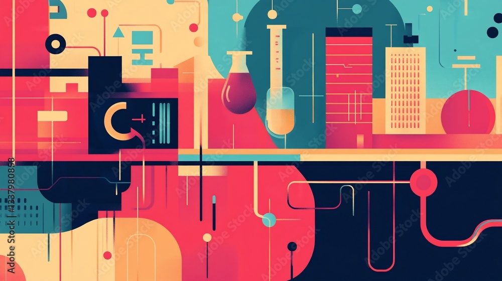 Obraz premium Abstract Technology and Science Illustration featuring buildings test tubes and code