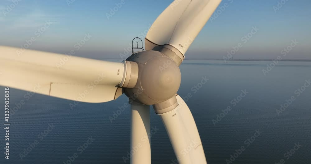 Aerial view on the spinning blades of a wind turbines, sustainable energy. Sunset golden hour, The Netherlands. Aerial view on the spinning blades of a wind turbines, sustainable energy. Sunset golden hour, The Netherlands.