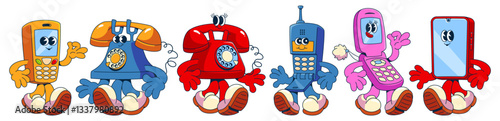 Retro cartoon telephone characters set - smiling smartphones, landline phones with arms, legs on sneakers. Old fashioned mobile and corded home devices from 90s. Humorous mascots, emoticons collection