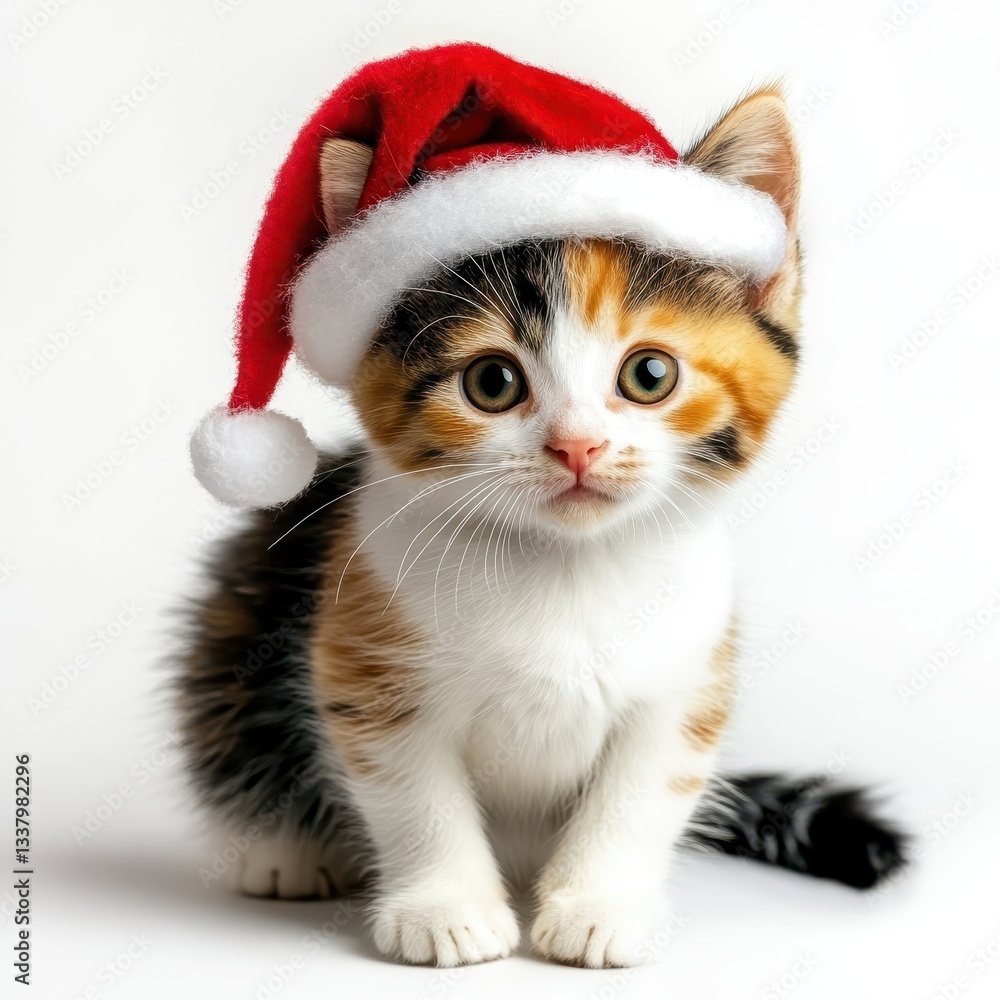 Cute Tricolor Kitten Wearing a Santa Hat Against White Background Cute Tricolor Kitten Wearing a Santa Hat Against White Background