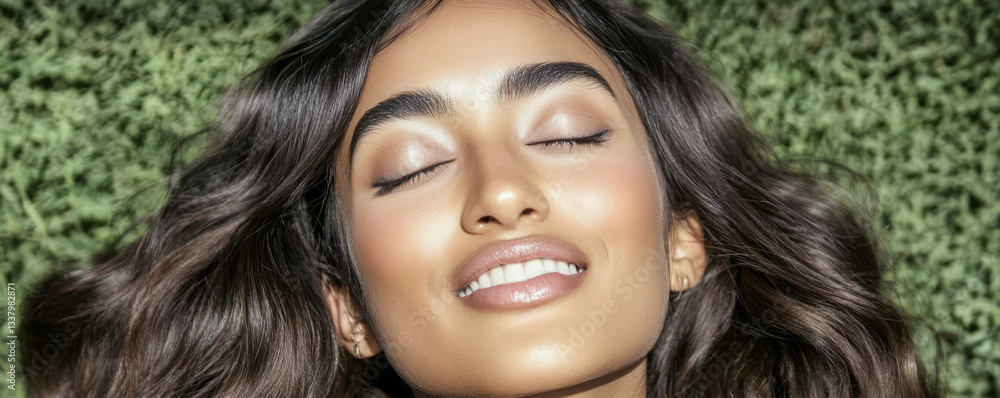 Young woman enjoying nature while lying on grass under bright sunlight Young woman enjoying nature while lying on grass under bright sunlight