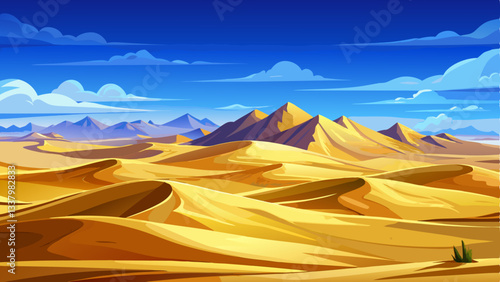 vector of vast golden desert under a clear blue sky, with towering sand dunes