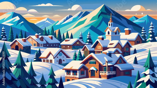 vector of winter village nestled in the mountains, with snow-covered rooftops