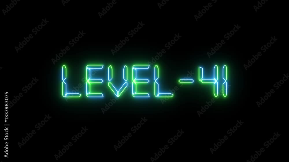 Level 41 text font with glowing neon light. Level Up neon sign tex animation. Level 41 text font with glowing neon light. Level Up neon sign tex animation.