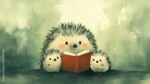 A serene watercolor artwork of a hedgehog family, the parent hedgehog reading a small red book to two curious little ones. Their spines are depicted with delicate strokes, and their round bodies are