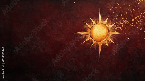 A single golden sun symbol glowing against a deep burgundy texture, sleek and modern. Horizontal Backgrounds