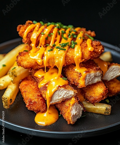 A close-up shot of a plate of crispy chicken strips and fries with melted cheese drizzled on top, served on a dark slate plate against a deep black background for a dramatic food photography effect
