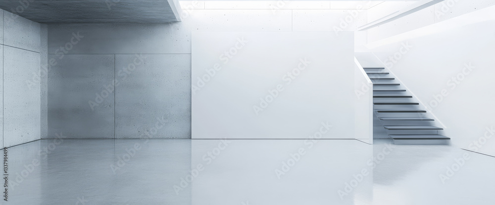 Fototapeta premium Minimalist interior of a modern space with stairs and polished floors in natural light