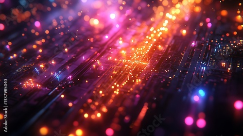 A cyberpunk cityscape illuminated by a futuristic firework display, neon-colored sparks cascading over towering skyscrapers, reflections on glass buildings creating a surreal glow, cinematic depth,