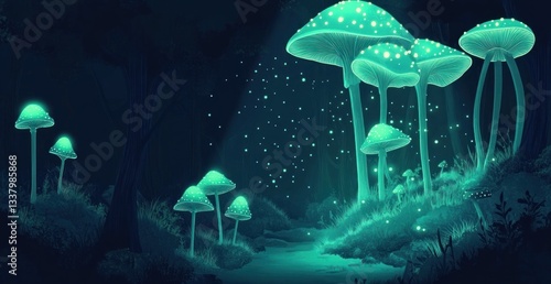 Wallpaper Mural Luminous glowing mushrooms illuminate a dark magical forest scene Torontodigital.ca