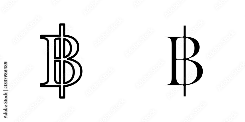 Baht sign set in black and blue colors on white background Baht sign set in black and blue colors on white background