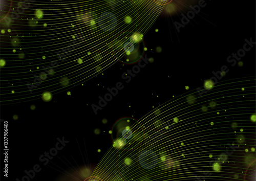 Abstract green neon background with wavy lines and bokeh lights. Vector design