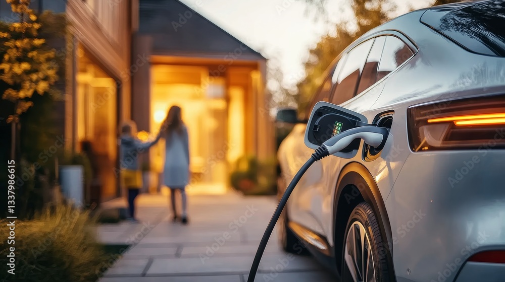 Fototapeta premium Electric car charging at home with mother and child in background, symbolizing clean energy and sustainable living
