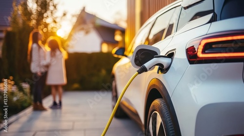 Electric car charging at home with mother and child in background, symbolizing clean energy and sustainable living