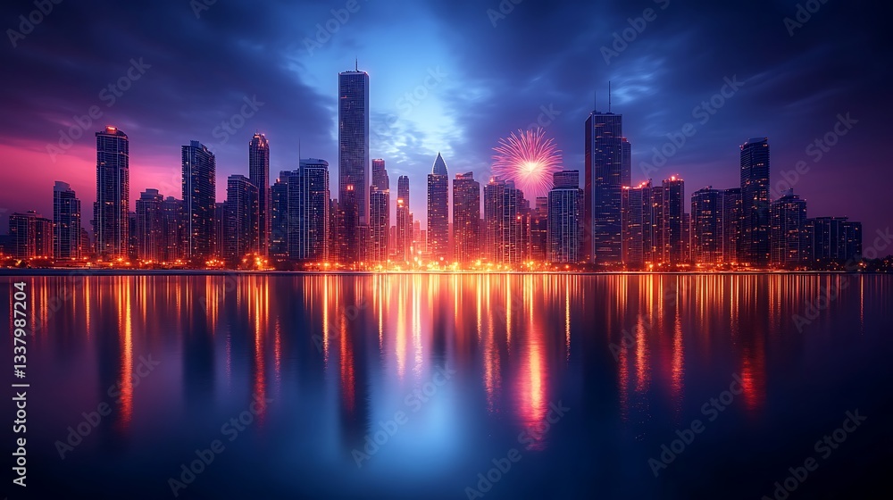 Fototapeta premium A vibrant firework display over a city skyline, cascading sparks illuminating the towering skyscrapers, reflections shimmering in the water below, long-exposure photography, ultra-HD realism,