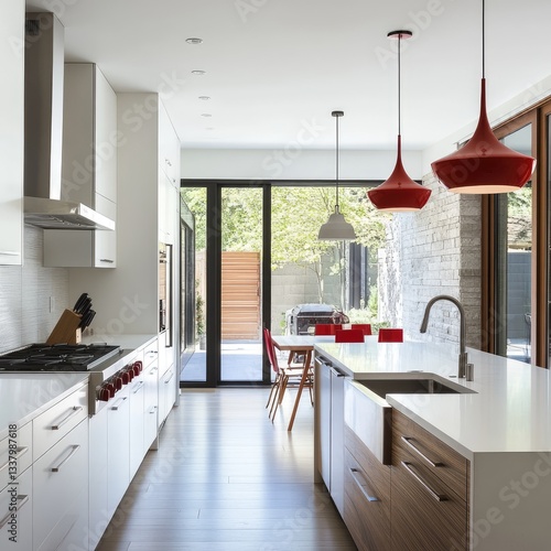 A contemporary kitchen with white cabinetry and a red pendant light.
