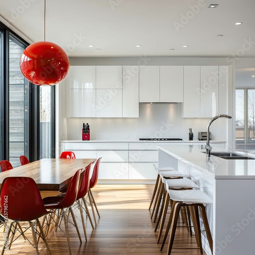 A contemporary kitchen with white cabinetry and a red pendant light.