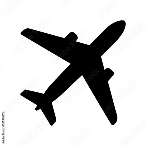 Soaring Silhouette: A minimalist, high-angle view of a sleek, jet airplane, poised for flight, casting a bold silhouette.A simple flat black airplane symbol is isolated on a transparent background