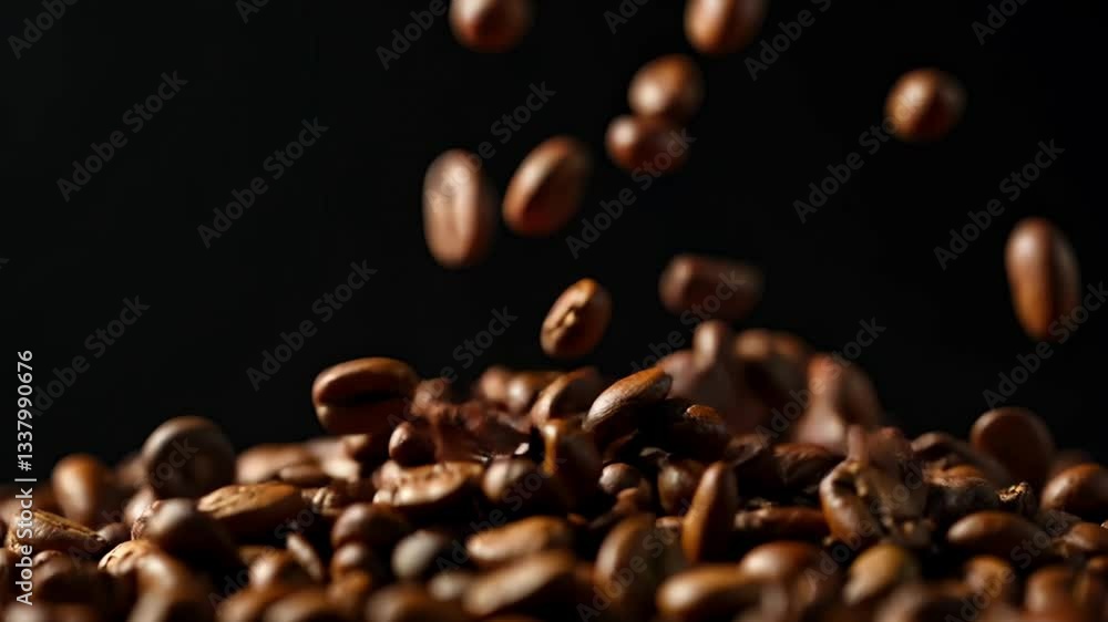 Flying coffee beans against a dark background Flying coffee beans against a dark background