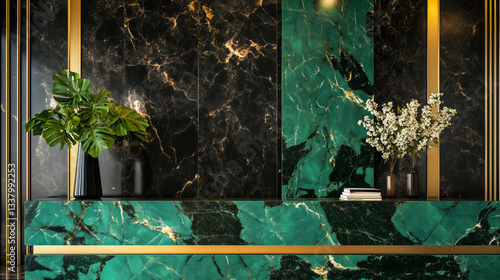 Wallpaper Mural Stylish Lobby with Dark Green Marble Reception, Featuring Monstera and Cherry Blossom Decor - Made with Generative AI Torontodigital.ca