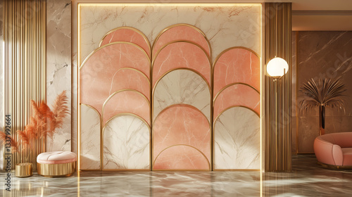 Art Deco Wall Panel with Pink and White Marble, Gold Trim, and Arched Design - Made with Generative AI
