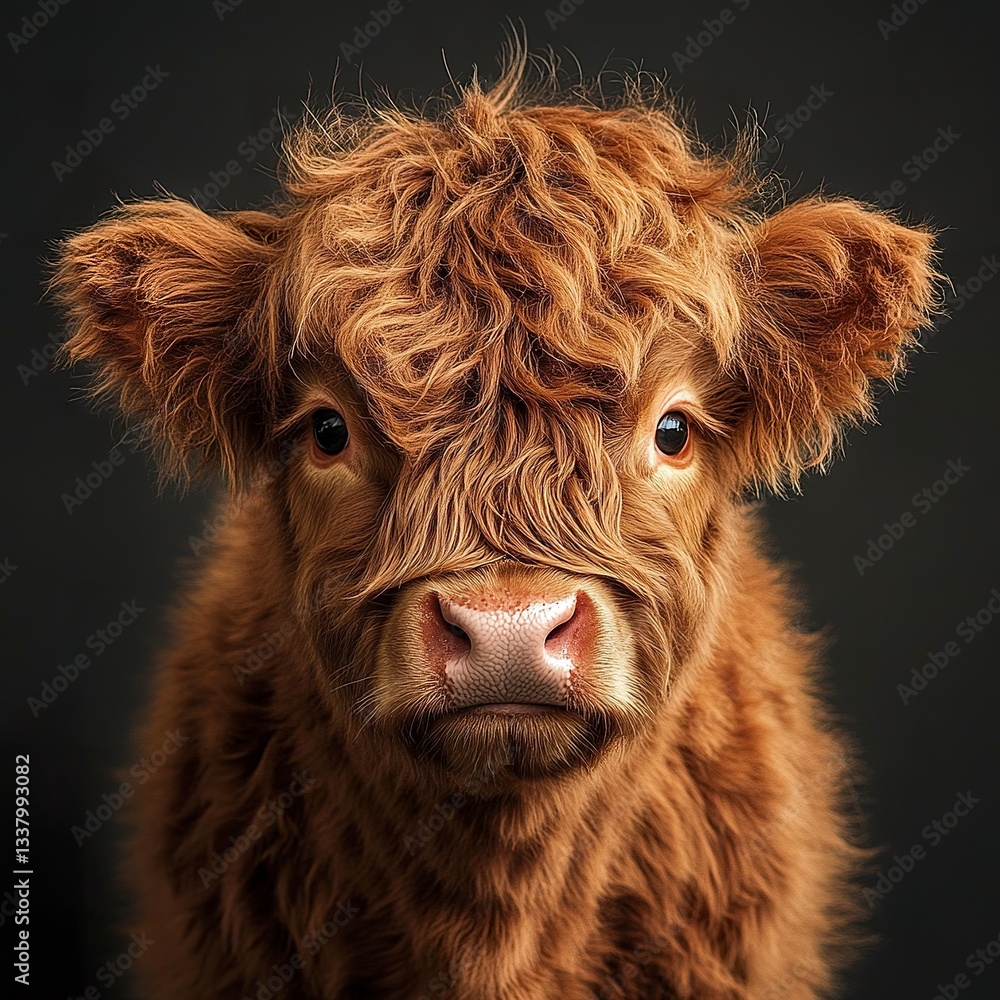 Naklejka premium A Highland cow with thick shaggy fur, front-facing view, even soft lighting, centered composition 