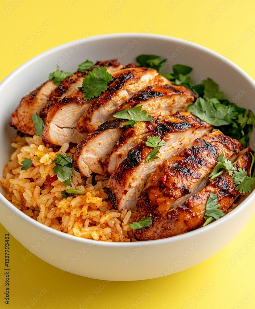 Fototapeta premium Grilled Chicken Slices on Flavored Rice with Fresh Cilantro in White Bowl