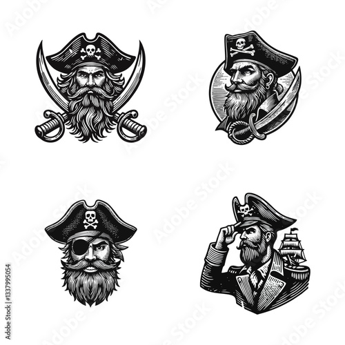captain pirate Engrave vector logo icon design illustration template