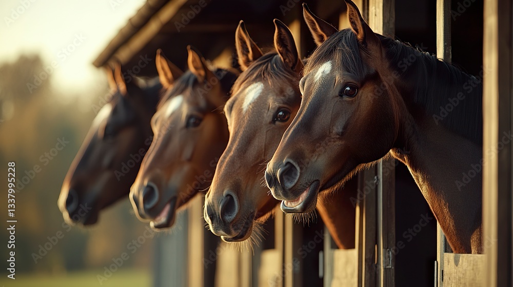 Fototapeta premium A humorous equestrian moment as three horses lean out of their stable, their lips curled as if sharing a joke, captured in a beautifully lit