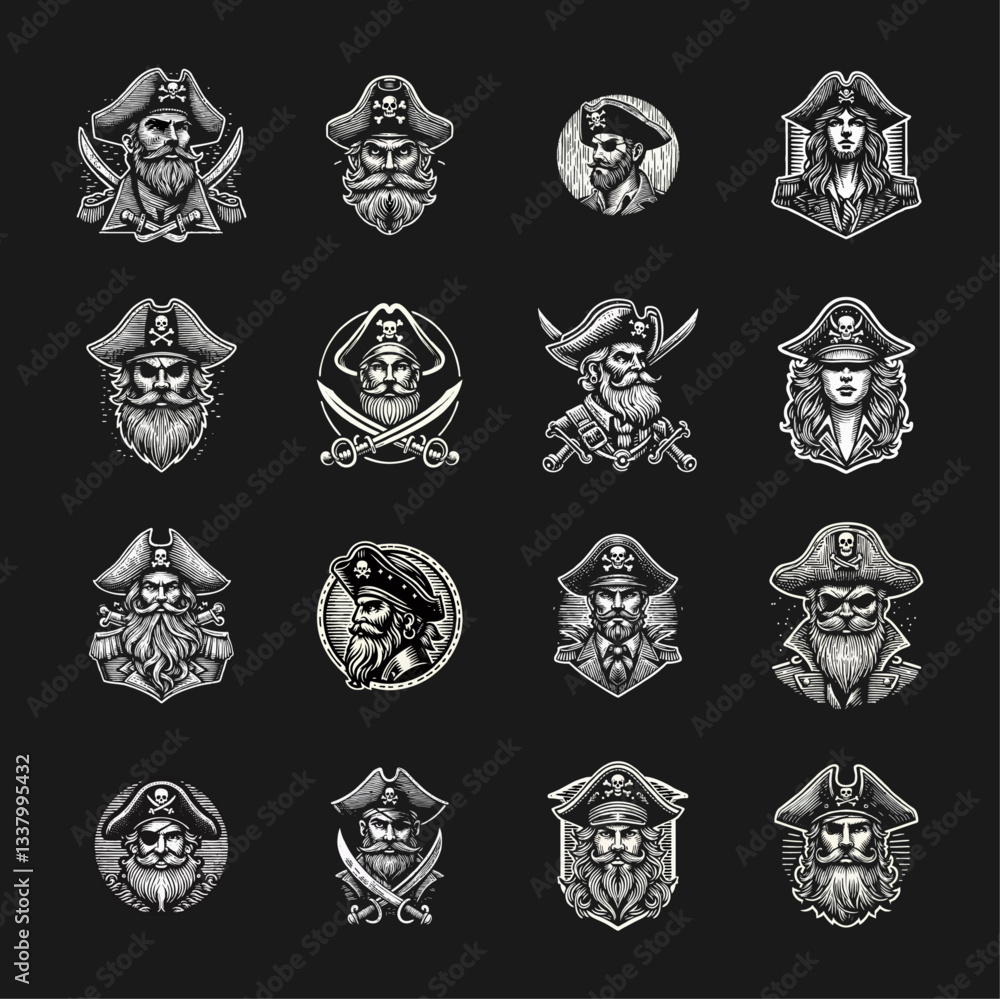 Fototapeta premium captain pirate Engrave vector logo icon design illustration template