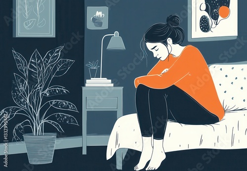 A woman is sitting on a couch in a room with a potted plant in front of her. She is looking down and she is sad