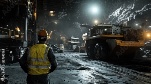 Mining operation at night with heavy machinery and a worker observing the scene