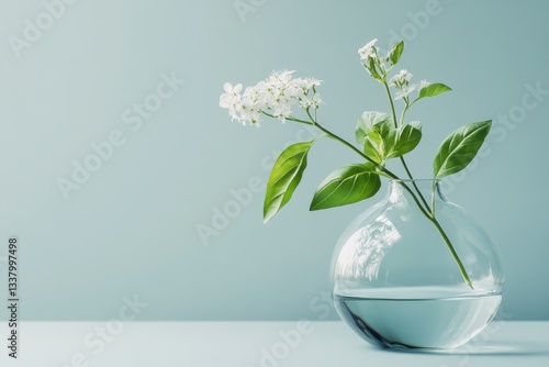 A vase filled with a single white flower sits on a table. The vase is clear and the flower is the only visible object. Concept of simplicity and elegance