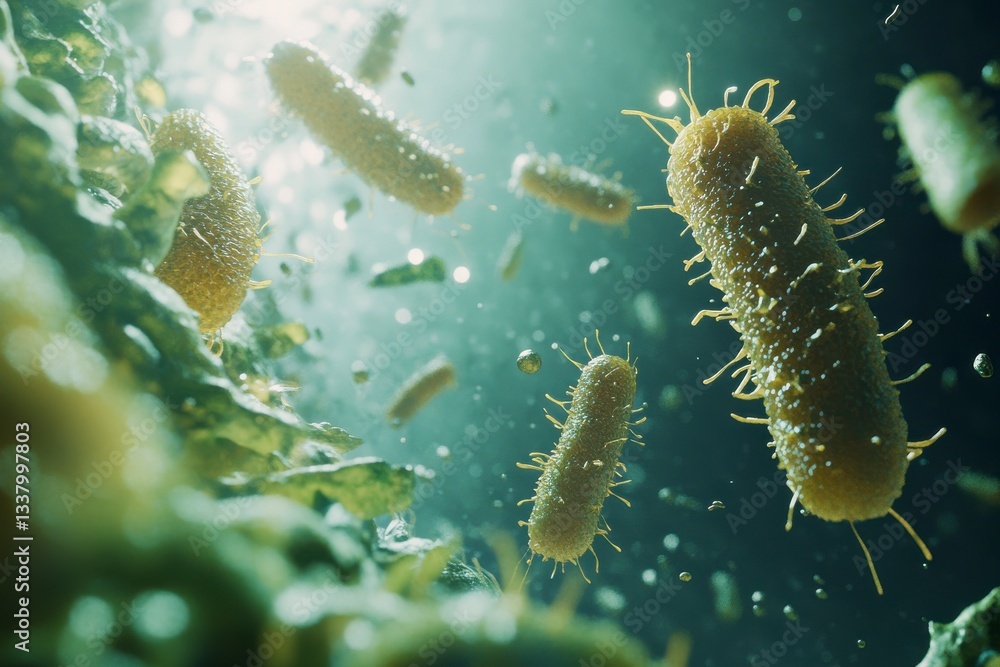 Fototapeta premium A group of yellow bacteria are swimming in a green sea. The bacteria are small and have long, thin tails. The scene is dark and moody, with the bacteria appearing to be in a state of chaos