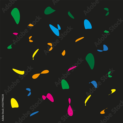 Colorful abstract shapes. Dynamic floating elements. Bright contrast motion. Dark background emphasis.