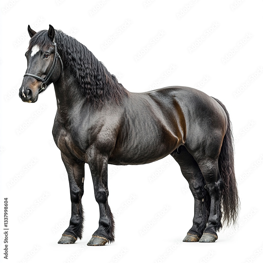 Obraz premium A large draft horse standing still, powerful muscles, studio lighting, side profile, white background. 
