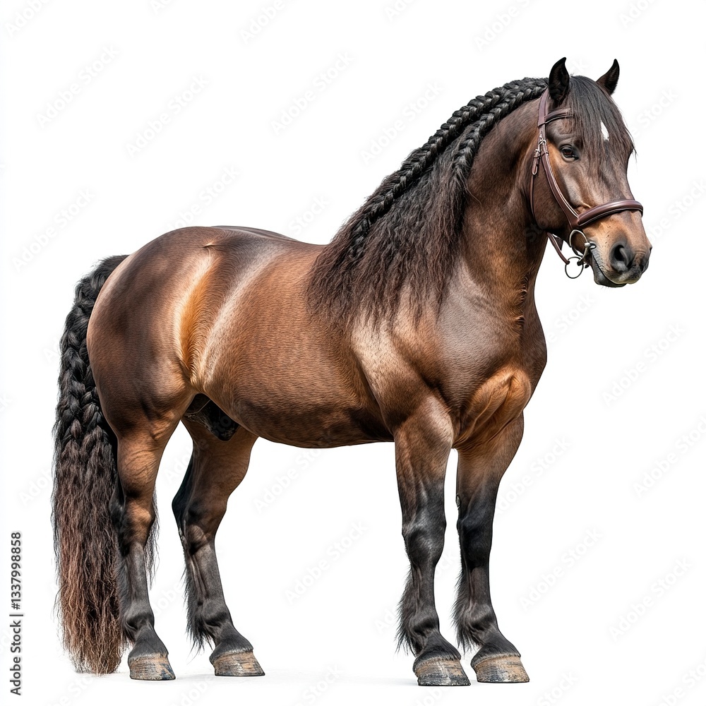 Obraz premium A large draft horse with a braided mane, muscular structure detailed, soft studio lighting, full-body shot, white background. 
