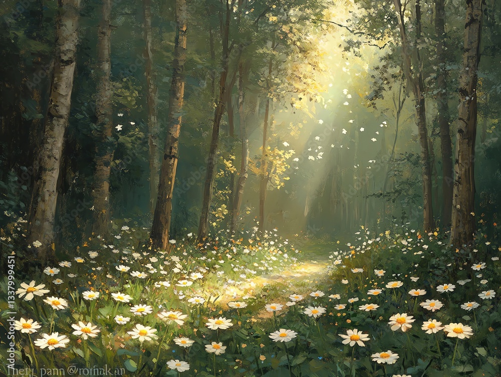 Sunlit Forest Path with Daisies Flowers and Trees Landscape Scenery Sunlit Forest Path with Daisies Flowers and Trees Landscape Scenery