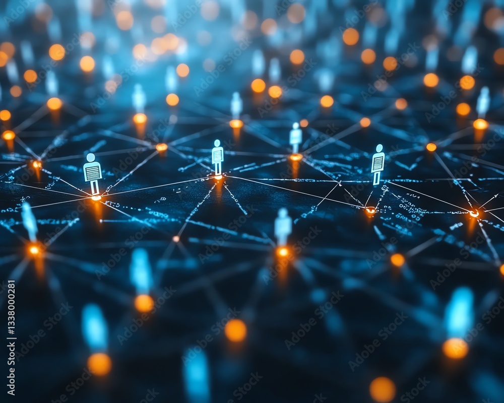 Futuristic human resources management concept with a network of diverse professionals, seamlessly connected through digital nodes, emphasizing recruitment and global collaboration