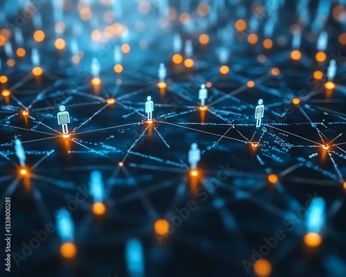 Obraz na płótnie Futuristic human resources management concept with a network of diverse professionals, seamlessly connected through digital nodes, emphasizing recruitment and global collaboration w salonie