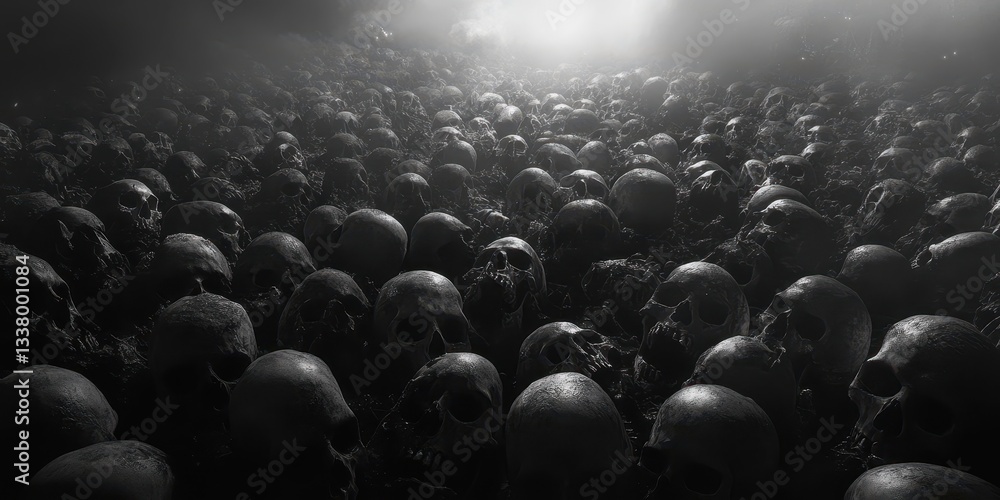 Obraz premium Eerie skulls densely packed in a darkened, mysterious setting.