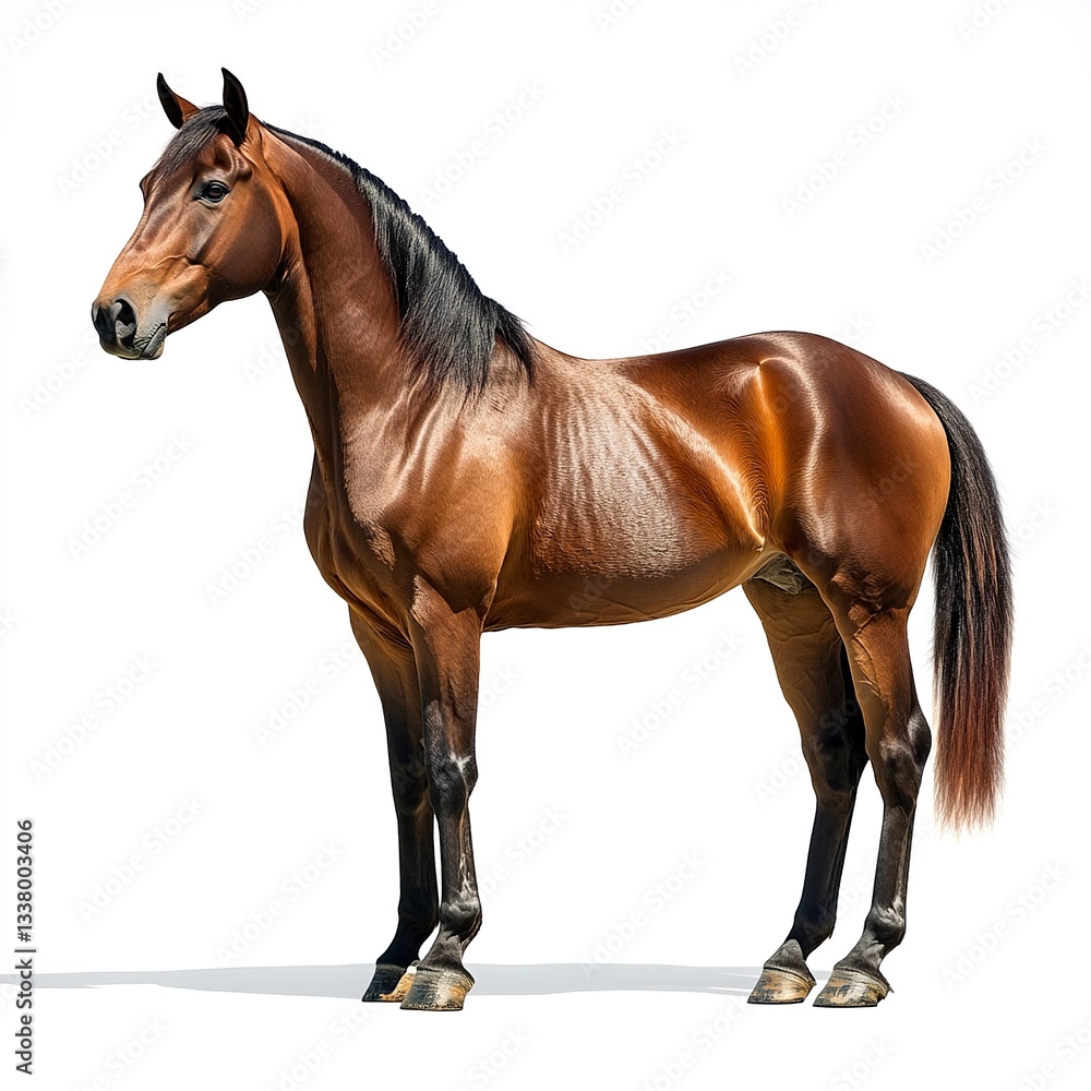 Obraz premium A majestic brown horse standing still, glossy coat, soft lighting, full-body shot, side profile, white background. 