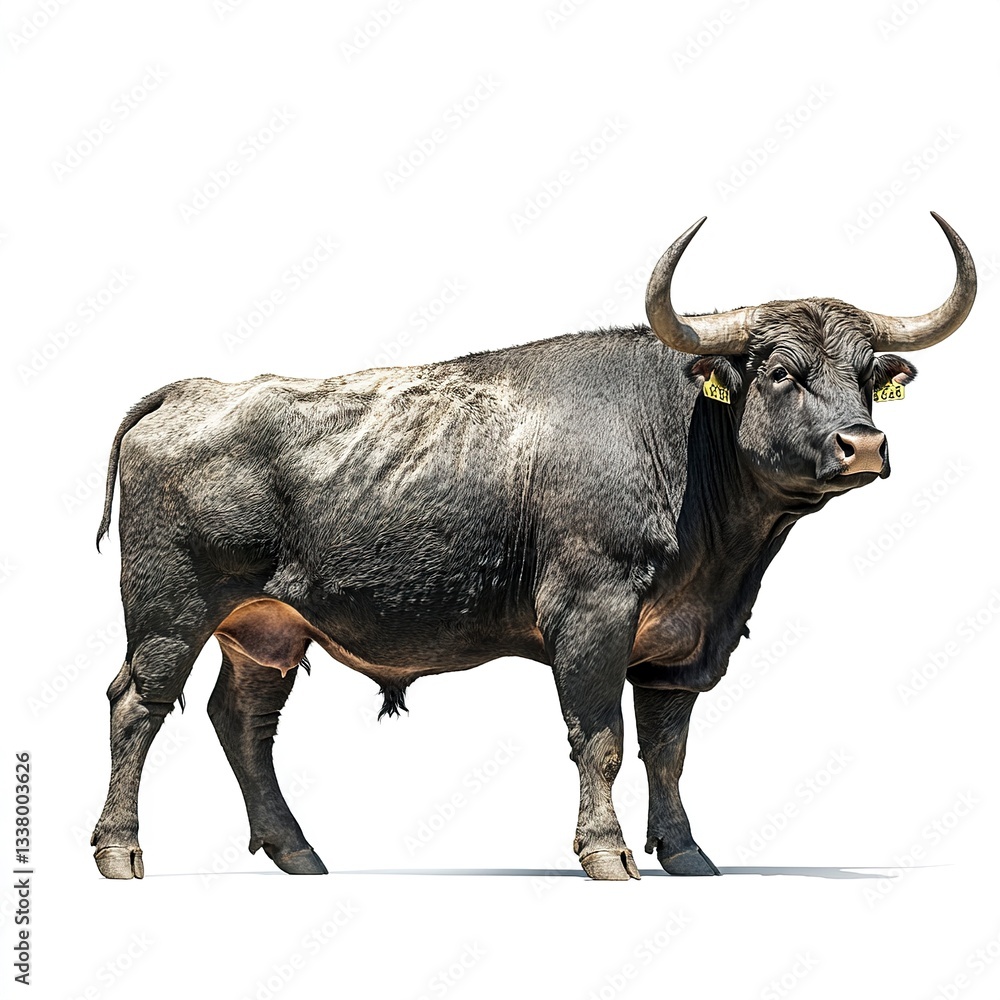 A majestic bull with strong horns, deep shadows, dramatic lighting, side profile, white background. A majestic bull with strong horns, deep shadows, dramatic lighting, side profile, white background.